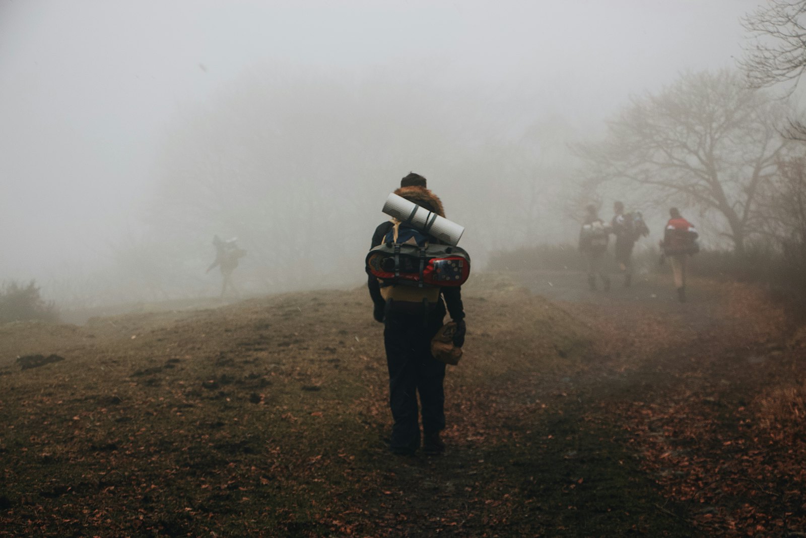 A rucker with a large pack and a rolled mat walks a foggy trail, seen from behind
